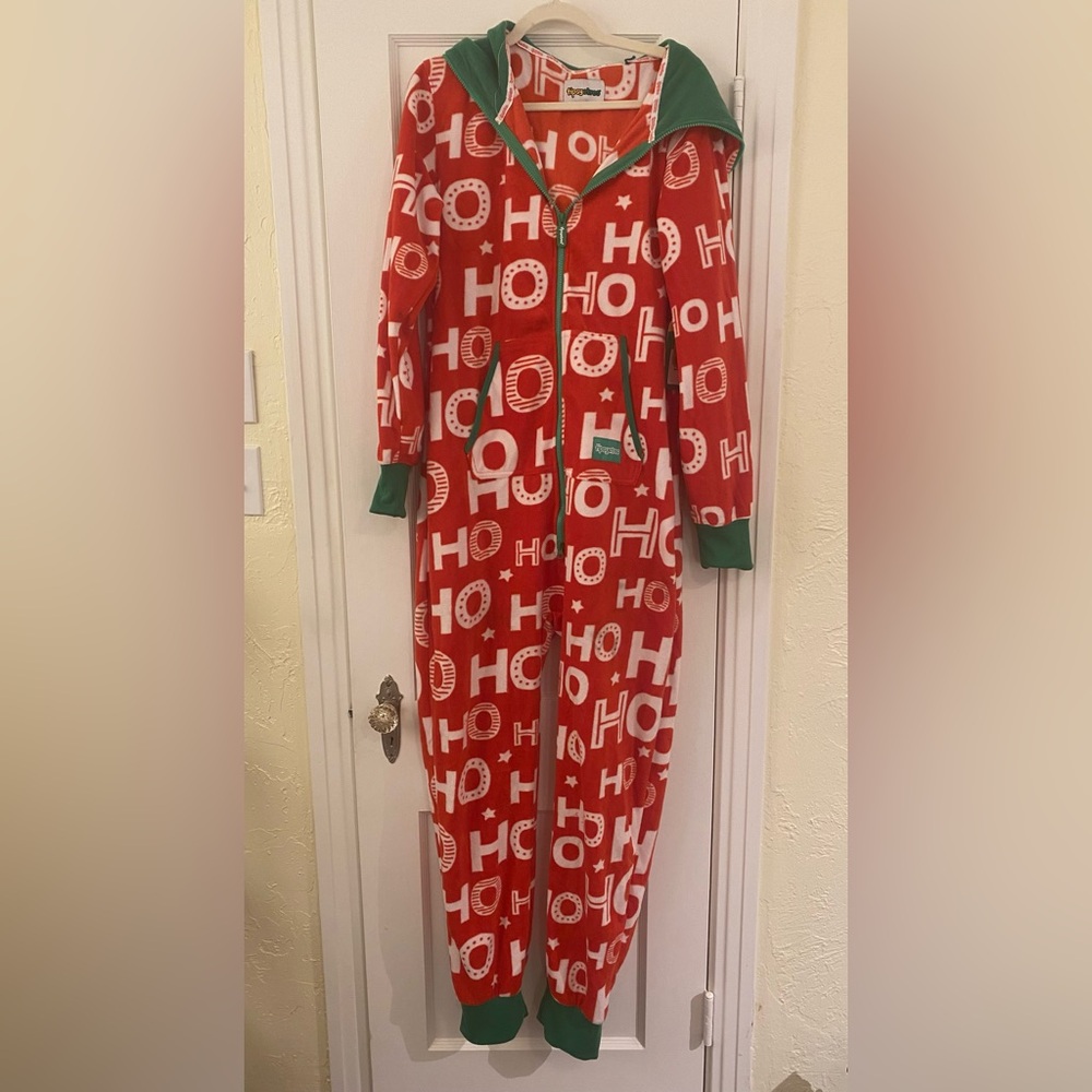 Tipsy Elves Red and Green 'HO HO' Kids Fleece One-Piece Pajama
